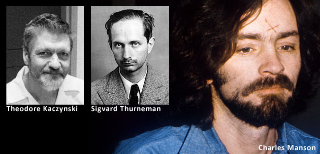 Serial killer atipici: il bombarolo Theodore Kaczynski e gli assassini per induzione Charles Manson e Sigvard Thurneman